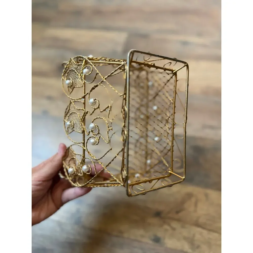 Vintage Gold Filigree Wire Basket Faux Pearl Vanity Jewelry Catchall Cottagecore
